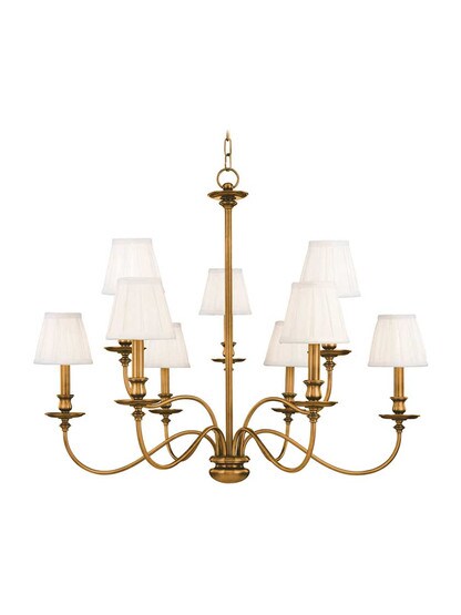 Menlo Park 9-Light Chandelier in Aged Brass.